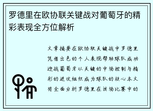 罗德里在欧协联关键战对葡萄牙的精彩表现全方位解析