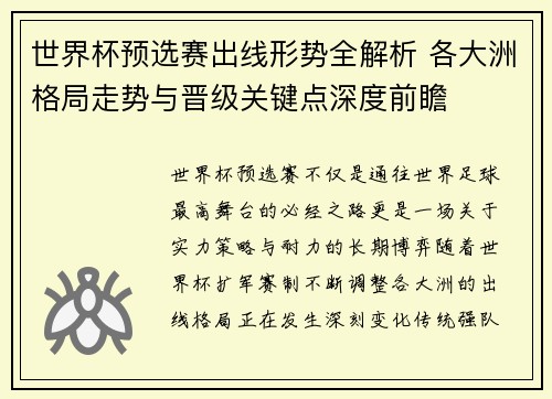 世界杯预选赛出线形势全解析 各大洲格局走势与晋级关键点深度前瞻