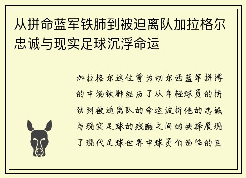 从拼命蓝军铁肺到被迫离队加拉格尔忠诚与现实足球沉浮命运